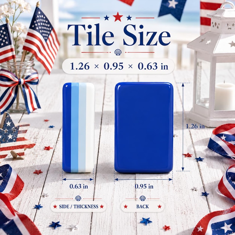 May include: Two rectangular tiles with rounded corners. One tile shows a side view with vertical stripes of white, light blue, and dark blue. The other tile shows a solid dark blue back. Dimensions are 1.26 inches by 0.95 inches by 0.63 inches.