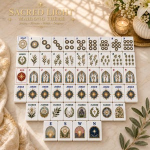 May include: A set of white Mahjong tiles featuring the Sacred Light theme. The tiles display numbers one through nine in three suits, Joker tiles with star designs, flower tiles, and directional tiles labelled E, S, W, and N with arched window art.