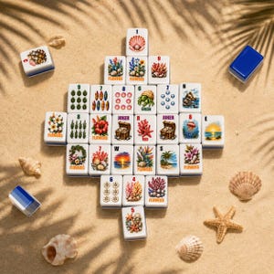 May include: A set of white rectangular Mahjong tiles arranged in a diamond pattern, featuring colourful illustrations of tropical flowers, sea life, and beach scenes, with some tiles marked with numbers, letters, and the word Flowers.