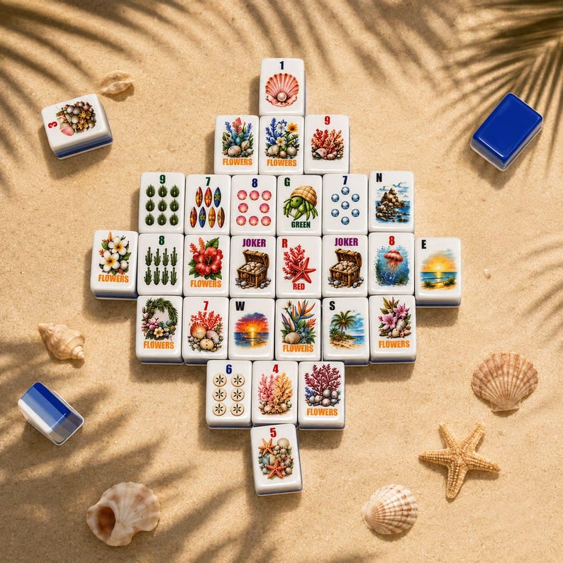 May include: A set of white rectangular Mahjong tiles arranged in a diamond pattern, featuring colourful illustrations of tropical flowers, sea life, and beach scenes, with some tiles marked with numbers, letters, and the word Flowers.