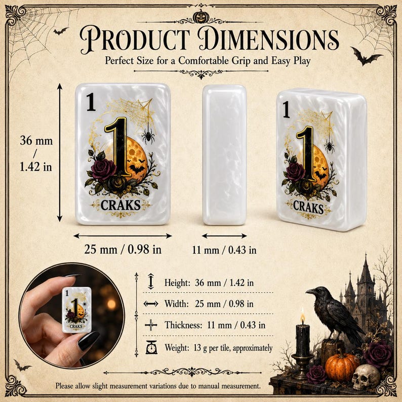May include: A white rectangular tile with a Halloween-themed graphic featuring the number 1, a moon, roses, and bats, labeled CRAKS. Dimensions are 1.42 inches high, 0.98 inches wide, and 0.43 inches thick, with a weight of approximately 13 grams per tile.