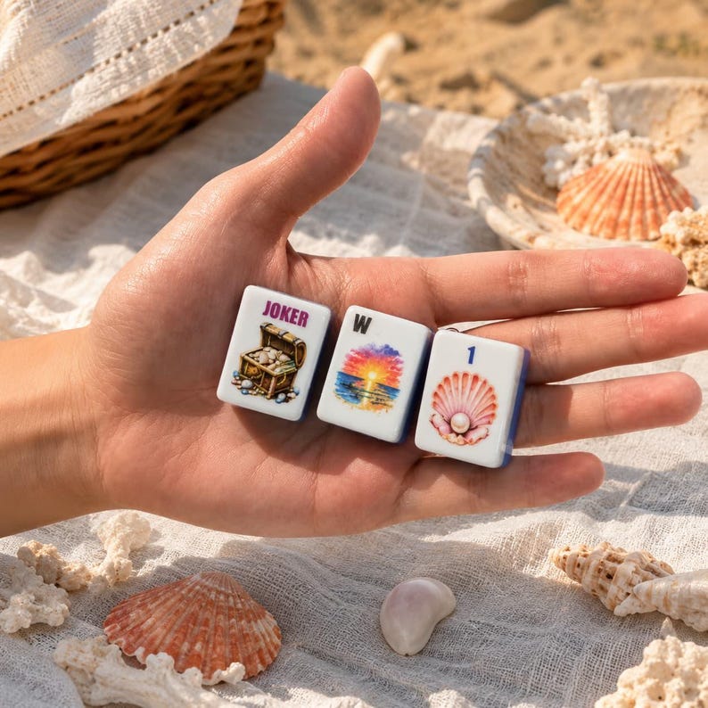 May include: Three rectangular white tiles featuring colourful illustrations. The first tile displays a treasure chest with the text JOKER. The second tile shows a sunset over the ocean with the letter W. The third tile depicts a seashell with a pearl and the number 1.