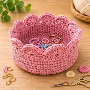 Crochet Scalloped Storage Basket Pattern PDF, Small Crochet Basket Pattern PDF, Round Crochet Basket PDF Pattern,