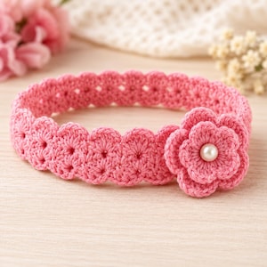 Könnte beinhalten: Ein rosa gehäkeltes Stirnband mit einem sich wiederholenden Wellenmuster entlang des Bandes und einer einzelnen großen, mehrlagigen Häkelblume an der Seite. Die Mitte der Blume ist mit einer kleinen, runden, weißen Kunstperle verziert.