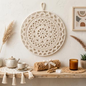 Könnte beinhalten: Ein großes, kreisförmiges Makramee-Wandbehang in Off-White mit einem zentralen Blumenmuster und komplexen geometrischen Rändern. Das Stück verfügt über eine geflochtene Aufhängeschlaufe an der Oberseite und besteht aus dickem Baumwollkordel.