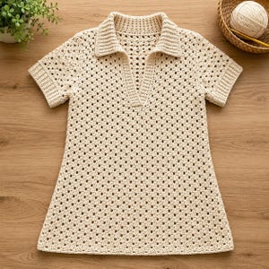 Könnte beinhalten: Ein beiges Häkel-Poloshirt mit klassischem Kragen, kurzen Ärmeln mit gerippten Bündchen und einem durchgehenden, sich wiederholenden Rautenmuster. Das Kleidungsstück ist aus Garn gefertigt und zeigt eine einheitliche hellbeige Farbgebung.