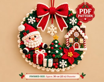 Patrón de ganchillo para corona navideña en PDF, casa de jengibre de Papá Noel, árbol, flor de Pascua, lazo, corona de amigurumi para puerta principal, decoración navideña de pared DIY