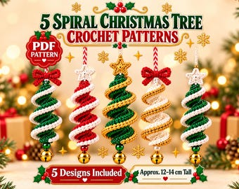 Patrón de ganchillo en PDF para adorno navideño en espiral sacacorchos, 5 adornos colgantes (de principiante a avanzado), decoración con cascabeles y lazos de estrellas.