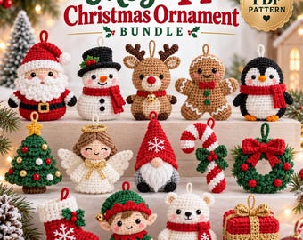 14 patrones de adornos navideños de ganchillo en PDF, paquete gigante: Papá Noel, gnomo, reno, pingüino, ángel, elfo, oso polar, calcetín navideño, decoración para árbol de Navidad amigurumi.