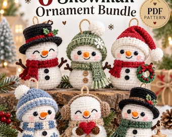 Patrón de ganchillo de muñeco de nieve en PDF, 6 adornos navideños de muñeco de nieve, familia de muñecos de nieve amigurumi, sombrero de copa, gorro de Papá Noel, orejeras, apto para principiantes.