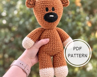 Patrón de ganchillo de osito de peluche en PDF, oso amigurumi de chenilla, osito de peluche fácil para principiantes, juguete de peluche de hilo de terciopelo, oso de ganchillo de 36 cm