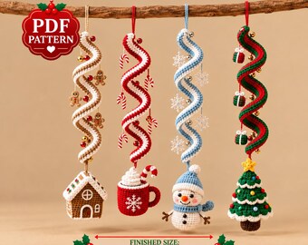 Patrón PDF de adorno de ganchillo para árbol de Navidad con forma de casa de jengibre y muñeco de nieve: taza de chocolate caliente, 4 adornos navideños en espiral, paquete de amigurumi para principiantes.