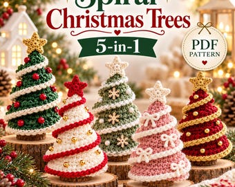 Patrón de ganchillo en PDF para árbol de Navidad en espiral, 5 mini árboles amigurumi, decoración navideña fácil para principiantes, decoración para la repisa de la chimenea, idea para regalo.