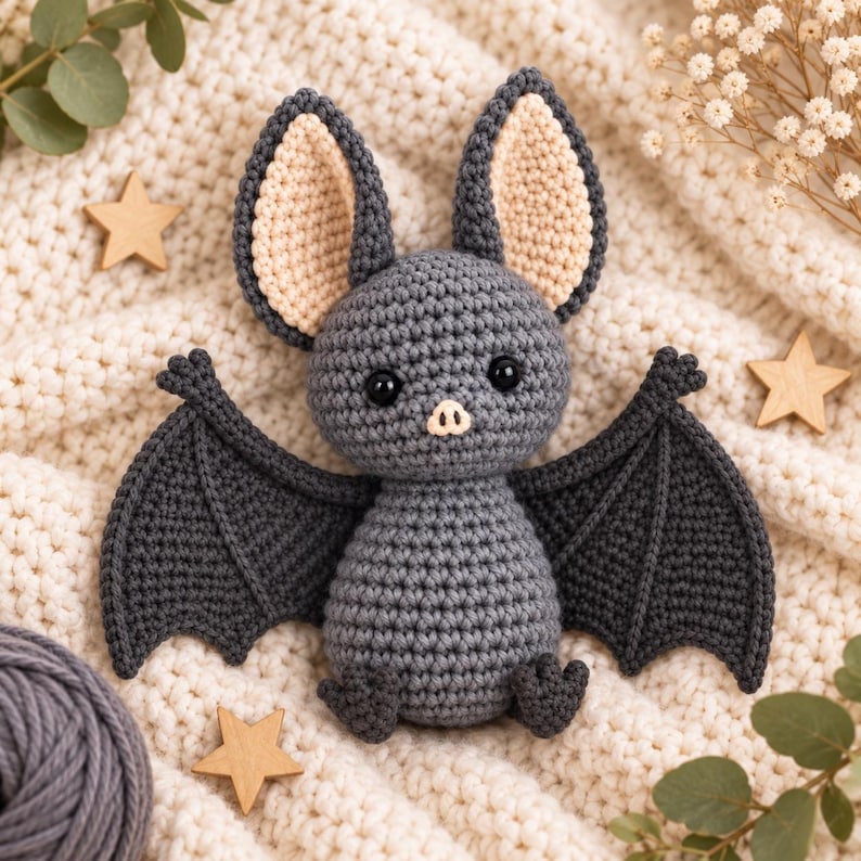 Kawaii crochet bat amigurumi with adorable face large ears and detailed wings