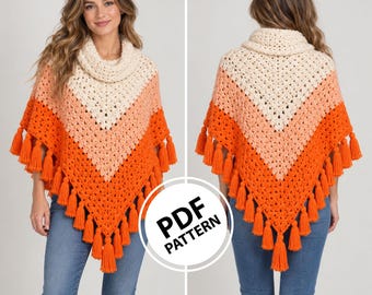 Patrón de poncho de ganchillo en PDF, poncho de bloques de color con punto de abuela, poncho con cuello vuelto y flecos, patrón de ganchillo para mujer
