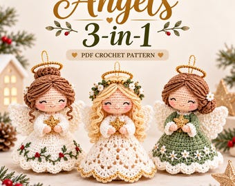 Patrón de adorno de ángel de ganchillo en PDF, 3 patrones de amigurumi de ángeles navideños, Holly Berry, Golden Lace, Sage Daisy, decoración para la cima del árbol.