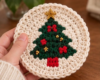 Patrón de posavasos de ganchillo con forma de árbol de Navidad, posavasos festivo para tazas (descarga en PDF)