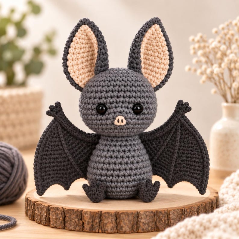 Cute grey crochet bat amigurumi with large wings and soft peach ears