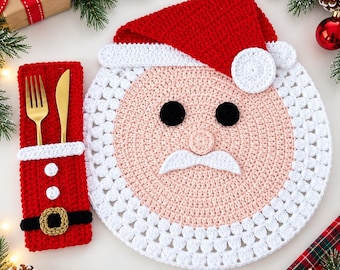 Patrón de mantel individual y soporte para cubiertos de Papá Noel a crochet (descarga en PDF)