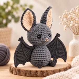 Handmade Halloween crochet bat plush toy with detailed wings and ears
