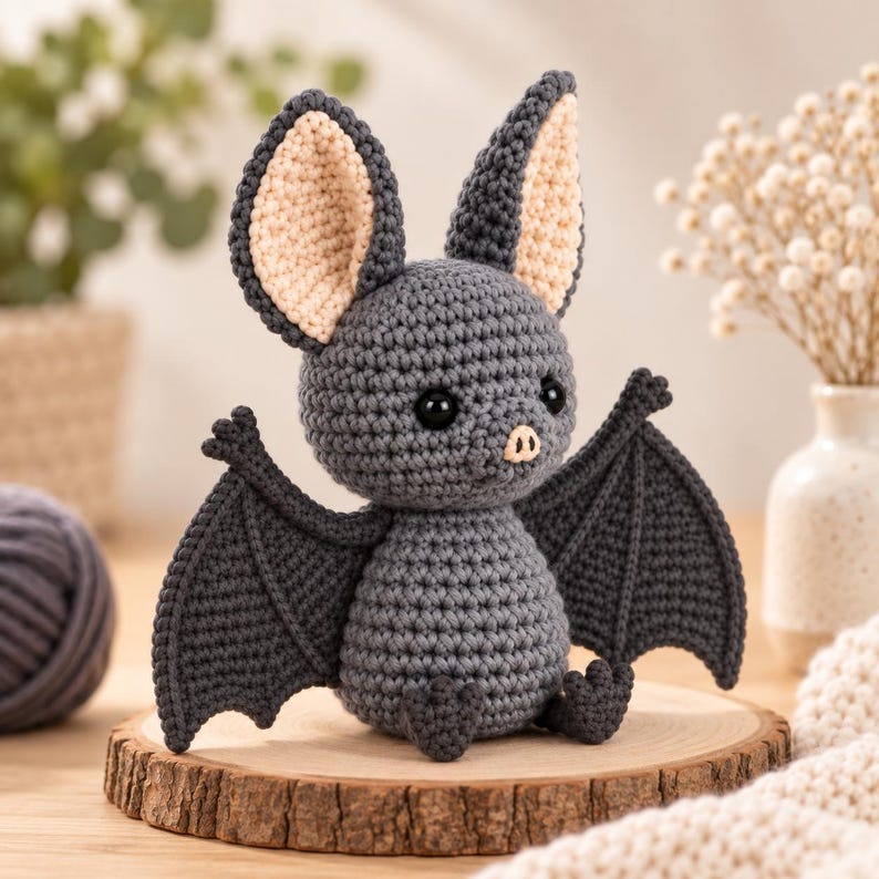 Handmade Halloween crochet bat plush toy with detailed wings and ears