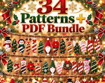 Paquete de 34 patrones de adornos navideños de ganchillo en formato PDF: árbol en espiral, gnomo, reno, ángel, corona, flor de Pascua, bastón de caramelo, amigurumi fácil.