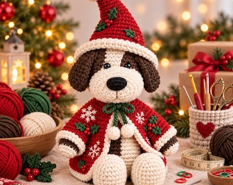 Christmas Puppy Crochet Pattern, Festive Santa Hat Dog Amigurumi (PDF)