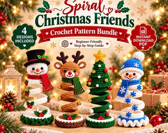 Patrón de ganchillo en PDF de muñeco de nieve espiral de pie con reno y árbol de Navidad, 4 figuras de amigurumi para decoración de mesa, paquete de decoración para repisa de chimenea de 20 cm