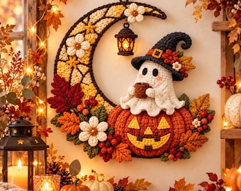 Patrón de ganchillo para tapiz de pared de Halloween: Luna creciente, fantasma, calabaza, sombrero de bruja (PDF)