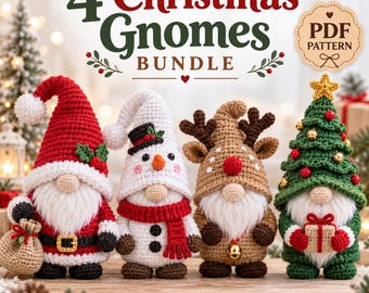 Patrón de ganchillo en PDF para gnomos navideños: gnomo de Papá Noel, gnomo muñeco de nieve, gnomo reno, gnomo árbol amigurumi, paquete de 4 gnomos navideños.