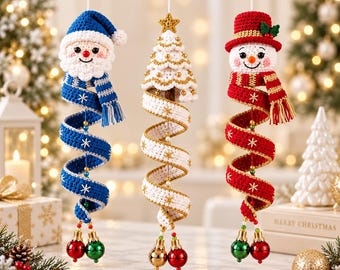 Trío de adornos navideños en espiral de ganchillo, decoración colgante navideña para el árbol de Navidad con forma de muñeco de nieve y Papá Noel