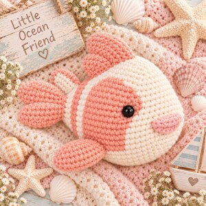 May include: A crocheted fish toy in soft pink and cream yarn with a black bead eye. The fish features a rounded body, fins, and a small mouth. A wooden sign with the text Little Ocean Friend and a heart symbol is positioned above the fish.
