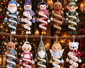 Patrón de ganchillo navideño para principiantes en PDF, 10 adornos de muñecos en espiral, aprende a tejer a ganchillo un muñeco de nieve y un gnomo de Papá Noel amigurumi, guía paso a paso.