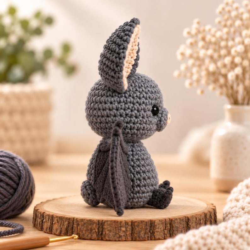 Adorable amigurumi bat crochet toy with black safety eyes and wide wings