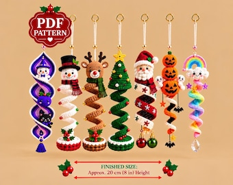 Paquete de 7 patrones de ganchillo para adornos en espiral en formato PDF, amigurumis de Navidad y Halloween, Papá Noel, muñeco de nieve, reno, calabaza, bruja, arcoíris y nube.