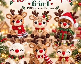 Patrón de ganchillo amigurumi de reno 6 en 1 en PDF: Rodolfo, cervatillo y gorro de Papá Noel (descarga digital).