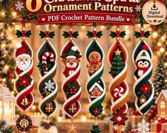 Patrón de ganchillo en PDF para adorno navideño en espiral, 6 diseños: Papá Noel, reno, galleta de jengibre, pingüino, bastón de caramelo y árbol. Adorno colgante para puerta de 56 cm (22 pulgadas).