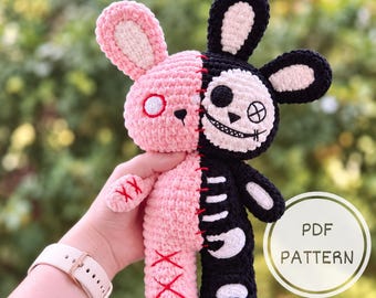Patrón de ganchillo de conejito dividido espeluznante, amigurumi de esqueleto gótico pastel (PDF)