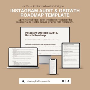 May include: A digital template titled Instagram Audit & Growth Roadmap displayed on a computer monitor, a laptop, a tablet, and a smartphone. The text includes sections for profile optimization, content analysis, and visual identity strategies.