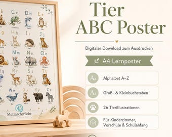 Póster del abecedario de animales para niños en PDF – Póster de aprendizaje del alfabeto tamaño A4 para imprimir