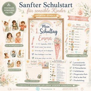 May include: A digital download bundle for school starts featuring a personalized poster with the text Mein 1. Schultag Emma, 10 encouragement cards, 5 emotion cards, a morning routine checklist, a letter to the child, and printing instructions.