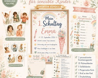 Paquete Premium "Un comienzo tranquilo para la escuela para niños sensibles" | Póster personalizado de regreso a clases + Tarjetas de motivación + Tarjetas de emociones | Descarga en PDF