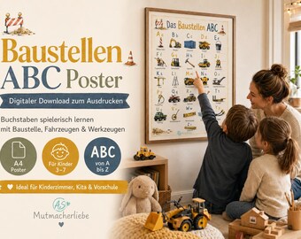 Póster del abecedario de una obra en construcción para niños (PDF) – Póster de aprendizaje del alfabeto tamaño A4 para imprimir