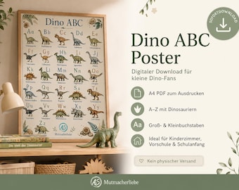 Póster del abecedario de dinosaurios para niños en PDF – Póster educativo del alfabeto de dinosaurios en tamaño A4 para imprimir.