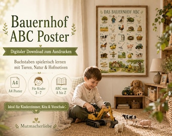 Póster del abecedario de la granja para niños en PDF – Póster de aprendizaje del alfabeto tamaño A4 para imprimir