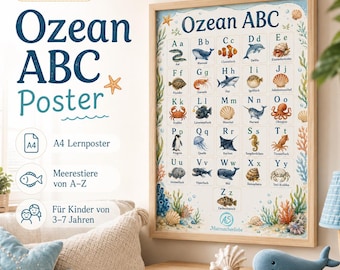 Póster del abecedario del océano para niños en PDF – Póster de aprendizaje del alfabeto tamaño A4 para imprimir
