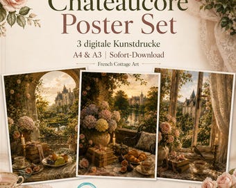 Juego de pósteres Châteaucore para descargar: 3 láminas decorativas de estilo rústico francés, arte romántico vintage para casas de campo (tamaños A4 y A3).