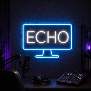 May include: A rectangular neon sign with rounded corners and a stand base, glowing with a bright blue border and the white text "ECHO" in the centre. The sign is mounted on a dark wall above a desk with a microphone, headphones, and audio mixer.