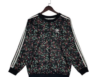 Vintage Adidas Originals Floral Crewneck Sweatshirt Black All Over Print Flowers Treefoil Three Stripes Pullover Women's Large