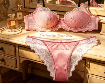 Personalized Blush Pink Satin Lace Lingerie Set, Handmade Underwire Bra Panty, Romantic Gift w/ Greeting Card, Bridal Boudoir Wear